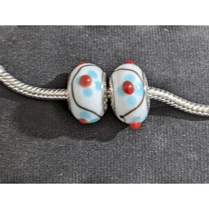 Set of 2 Pandora White w/Blue/Red Flower & Brown Squiggle